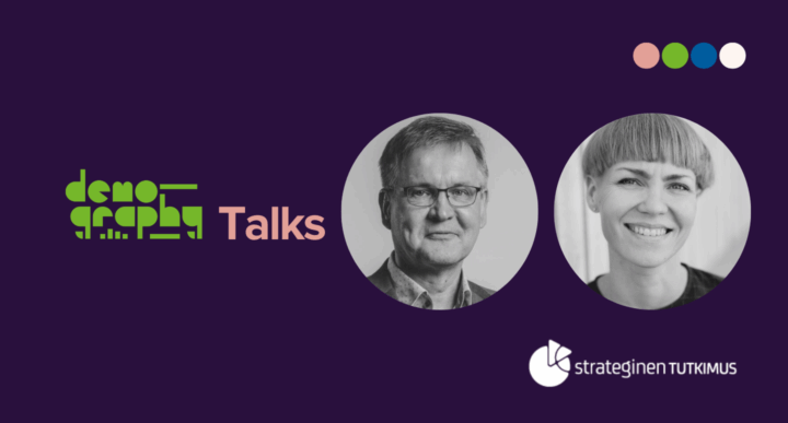 Liilalla pohjalla Demography talks-teksti ja lähikuvat kahdesta tutkijasta. Myös strategisen tutkimuksen logo.